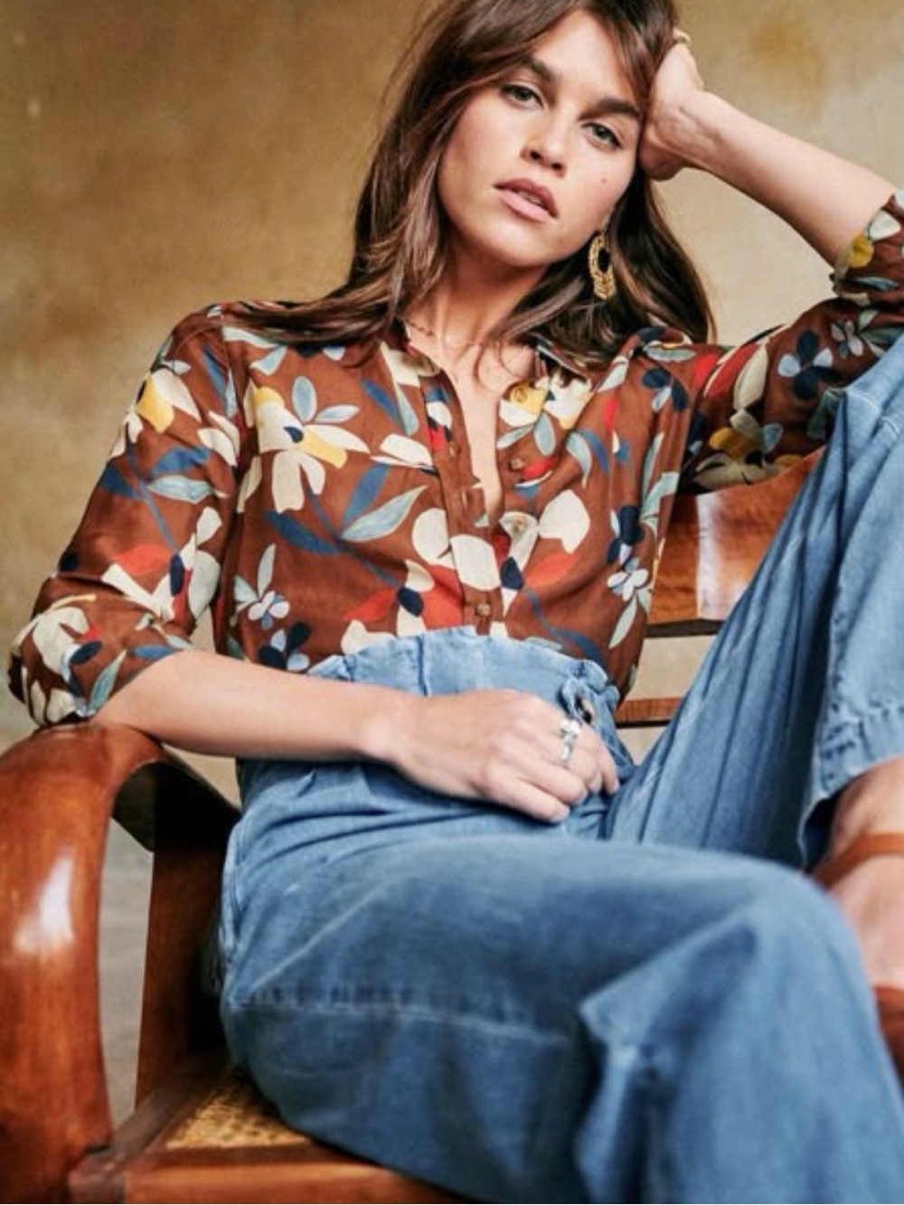 Sezane Cotton & Silk Brown Floral Button-Down Shirt